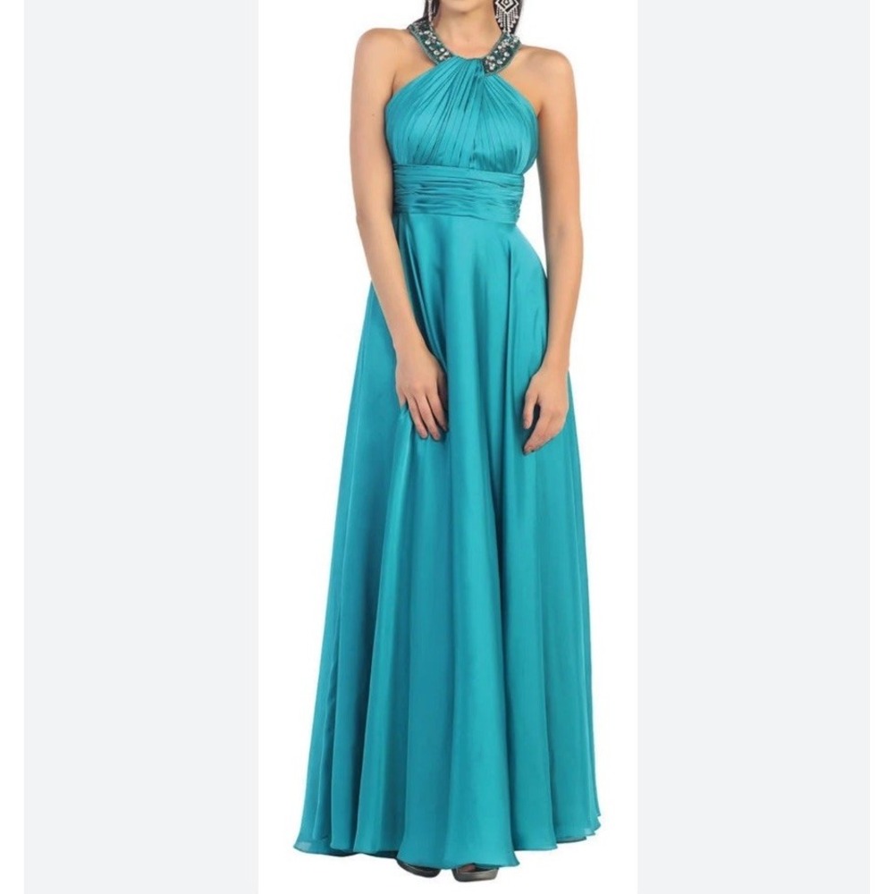 May Queen Couture Green Satin 30s Style Embellished Beaded Halter Neck Gown Sz 8